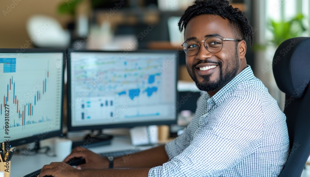 Poster a man is sitting comfortably at a desk in front of a computer with a focused expression on his face