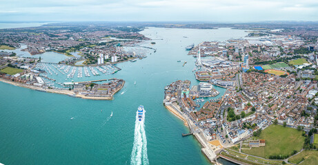 Portsmouth, Spinnaker Tower, port city and naval base on England’s south coast, aerial drone...