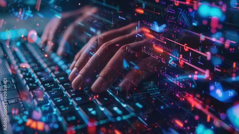 Aufkleber A hacker types rapidly on a keyboard while digital symbols and code overlays illuminate the workspace, highlighting the intensity of the activity. Generative AI