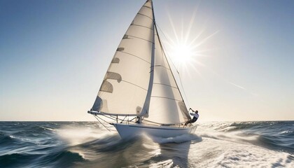 Fototapeta premium Bright sunlight illuminates a sailboat racing across the churning sea, with a determined sailor adjusting the sails to harness the wind and surge ahead.