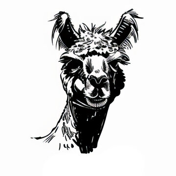 Whimsical Black and White Alpaca Illustration Artwork