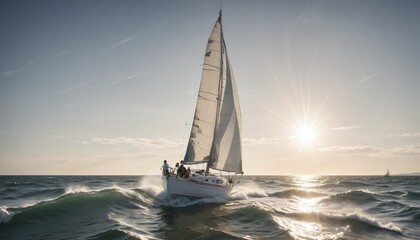 Fototapeta premium Bright sunlight illuminates a sailboat racing across the churning sea, with a determined sailor adjusting the sails to harness the wind and surge ahead.