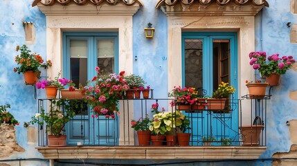 Traditional mediterranean house with trompe on windows and flower pots on a balcony in the streets