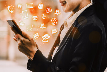 Online shopping and Internet Money Payment Transaction Technology. Modern graphic interface showing...
