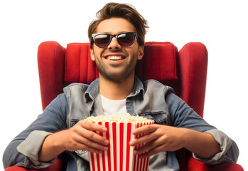 Happy smiling young man wearing sunglasses, sitting in red cinema chair seat, holding popcorn, isolated. Theater film movie relax and enjoy, entertainment, snack food, watching TV, leisure