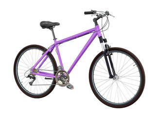 Fototapeta premium Purple bicycle, side front view. Black leather saddle and handles. Png clipart isolated on transparent background