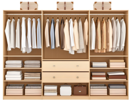 Front view of luxury wardrobe furniture with suit jackets isolated. House home room interior decoration clothing garment storage rack drawer, hanging clothes in closet, horizontal locker