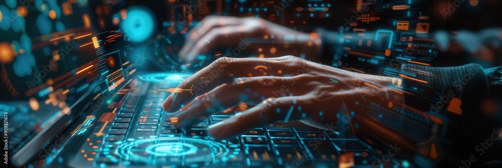 Poster hacker's hands are actively typing on a keyboard, highlighted by a flurry of digital symbols and cod