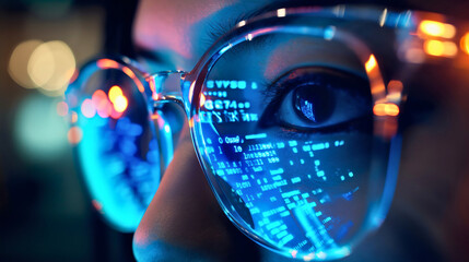 Closeup of woman wearing smart futuristic technology glasses, augmented business communication, businesswoman lady job work innovation, digital internet connection