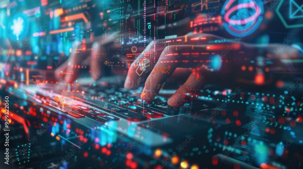 Fototapete a person types rapidly on a keyboard, surrounded by glowing digital symbols and codes, immersed in a