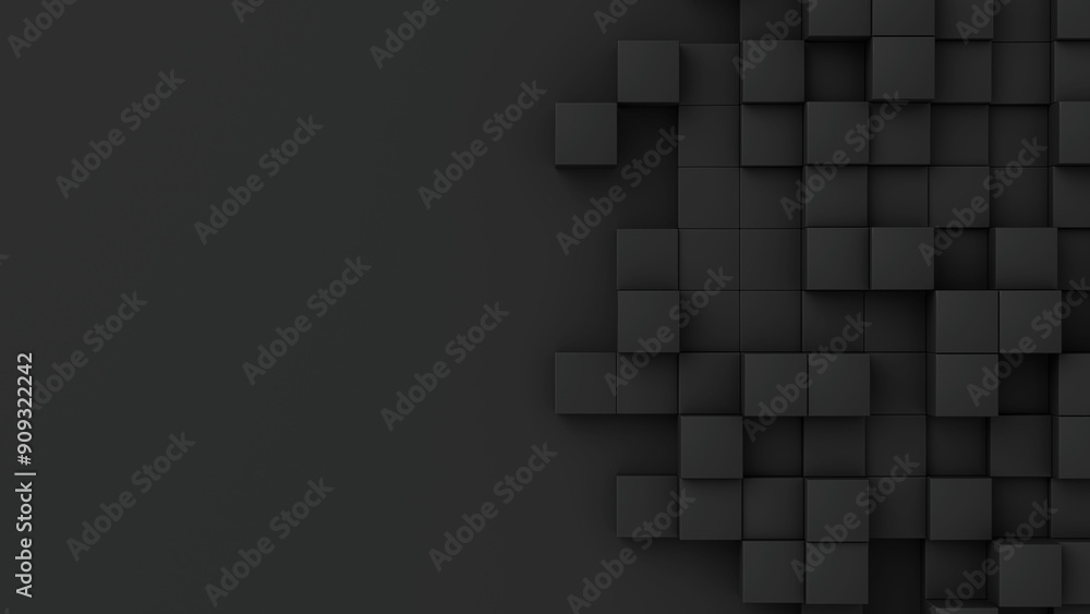 Poster black cubes with random size on dark backdrop. a place for text on the left. abstract 3d render illu