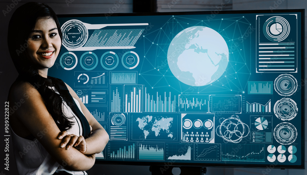 Poster data analysis for business and finance concept. interface showing future computer technology of prof