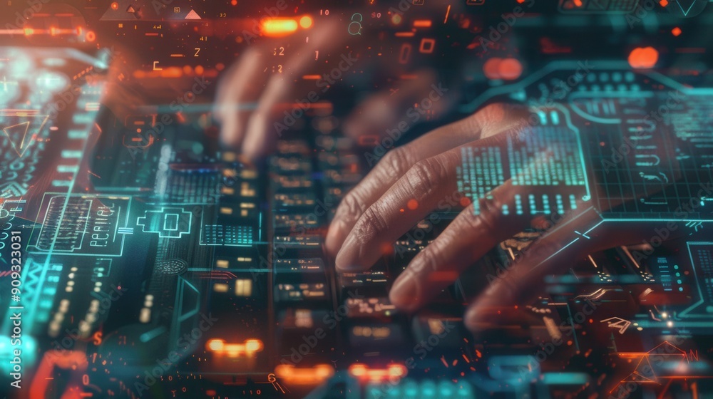 Aufkleber A hacker's hands are actively typing on a keyboard, surrounded by floating digital symbols and codes that create an atmosphere of secrecy and technology. Generative AI