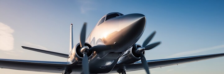 Close-up of the front of a corporate jet. Airplane porthole in the evening ambient atmosphere