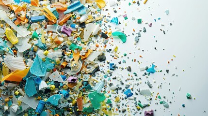 Plastic waste transformed into microplastics on white backdrop Depicts water pollution and global warming Focus on specific area