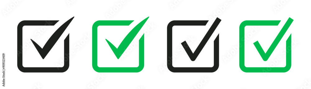 Aufkleber check mark icon button set. check box icon with right or correct buttons and yes checkmark icons in green tick box - checkbox symbol sign. check mark box square frame. vector illustration