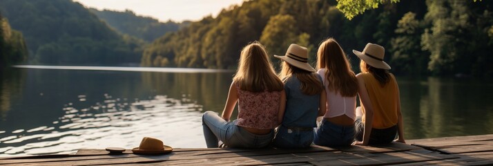 Golden Hour Friendship: A serene moment of connection captured as four friends, their backs turned,...