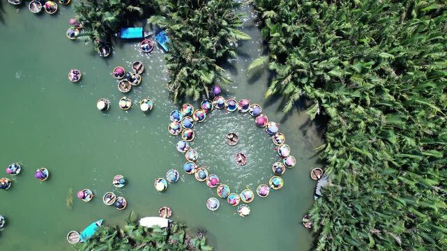 Drone view of Coconut Forest Basket Boat Ride in Hoi An, vietnam.