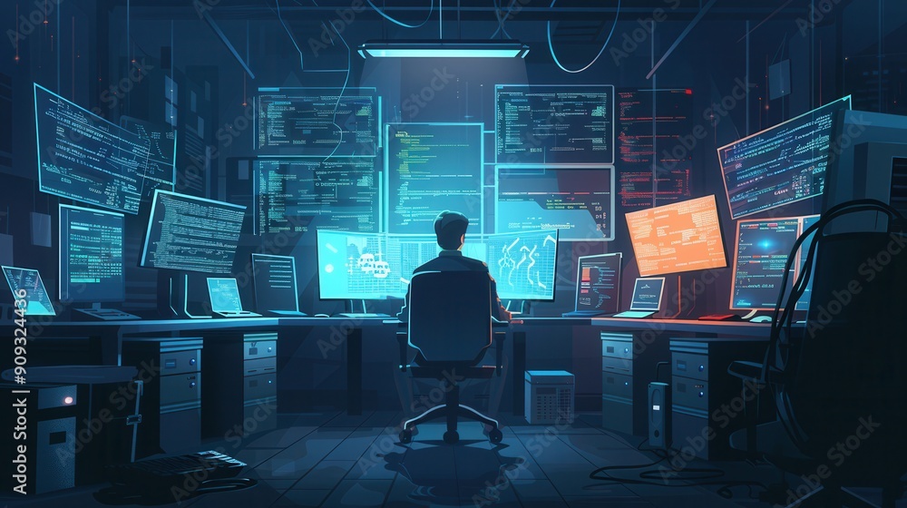 Aufkleber A hacker focuses intently on his work, monitoring data and coding across various glowing computer screens in a darkened room. Generative AI