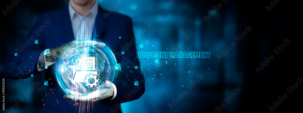 Poster document management: businessman holding innovation technology to develop smart solutions from digit