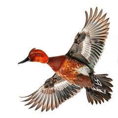 Obraz premium a dynamic redhead duck isolated on a white background, ready to dive