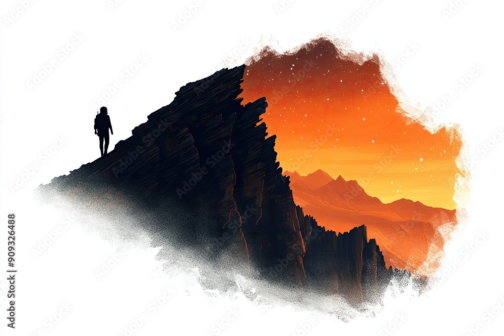 Poster Silhouette of Hiker Against a Colorful Sunset Landscape