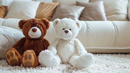 Two smiling white and brown teddy bears sitting on carpet at sofa and pillows at nursery room