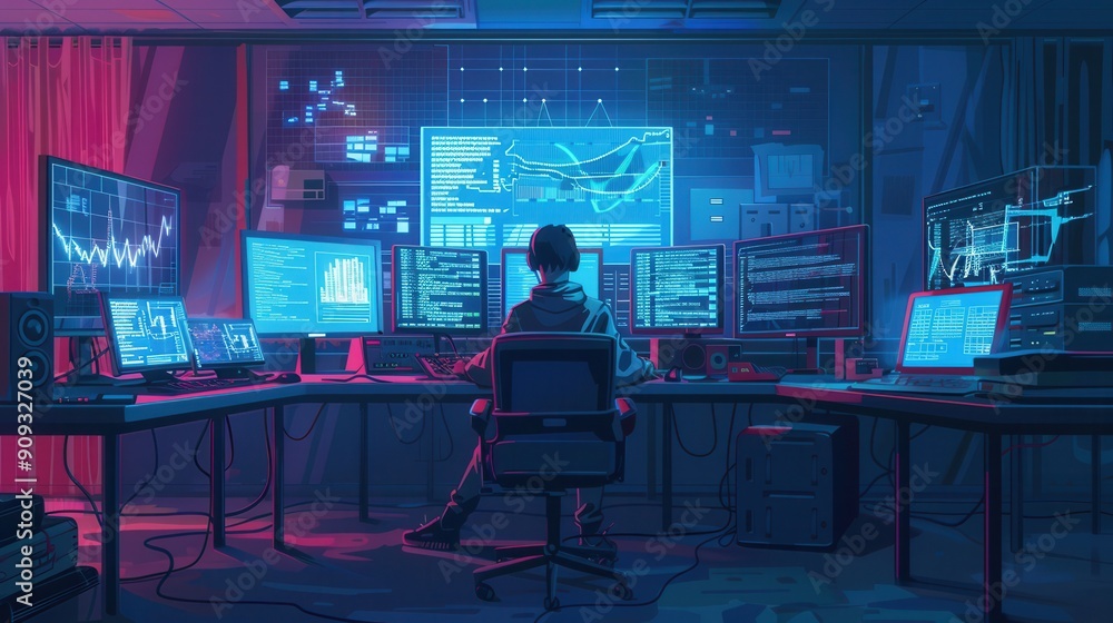 Aufkleber A hacker focuses intently at a desk cluttered with multiple glowing screens, immersed in data analysis within a dimly lit room. Generative AI