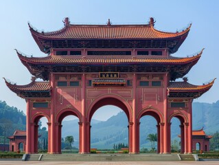 Fototapeta premium Grand Traditional Chinese Archway Surrounded by Lush Mountains During Clear Blue Sky
