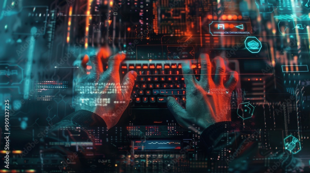 Aufkleber hands are intensely typing on a keyboard as digital symbols and codes swirl around, creating a high-