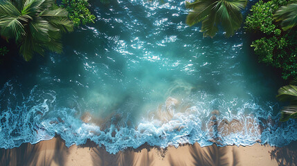 Palm tree shadow on tropical beach with turquoise water, serene scenery.