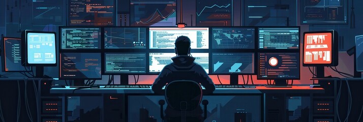 A hacker focuses intently on code and data displayed across various screens in a dark, technology-filled room during the night. Generative AI