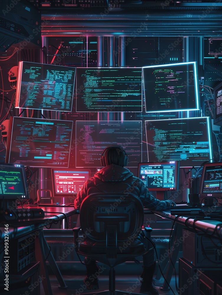 Aufkleber A hacker engages intensely with multiple glowing computer screens in a dark, cluttered workspace during late night hours. Generative AI