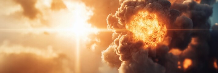 Fototapeta premium Inferno in the Sky: A cataclysmic explosion engulfs the heavens, a fiery maelstrom of destruction and power. 
