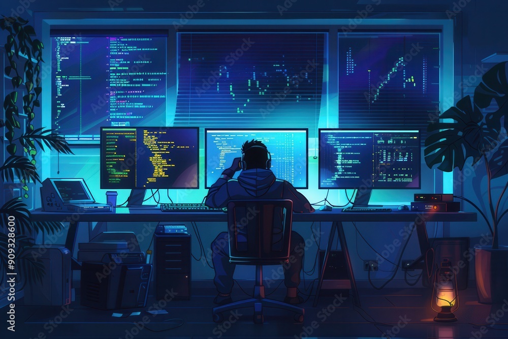 Leinwandbilder a hacker works intently at a desk, surrounded by glowing computer screens displaying coding and data