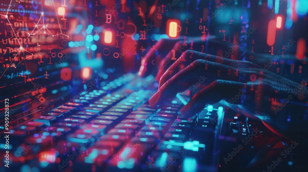 Aufkleber A hacker types rapidly on a keyboard, immersed in a digital world of flowing symbols and codes, showcasing technology and cybersecurity complexity. Generative AI