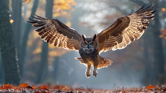an owl flying landing on autumn forest at evening time 