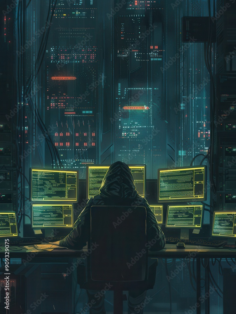 Poster a hacker works intently at a desk filled with computer screens, analyzing data in a dimly lit room f