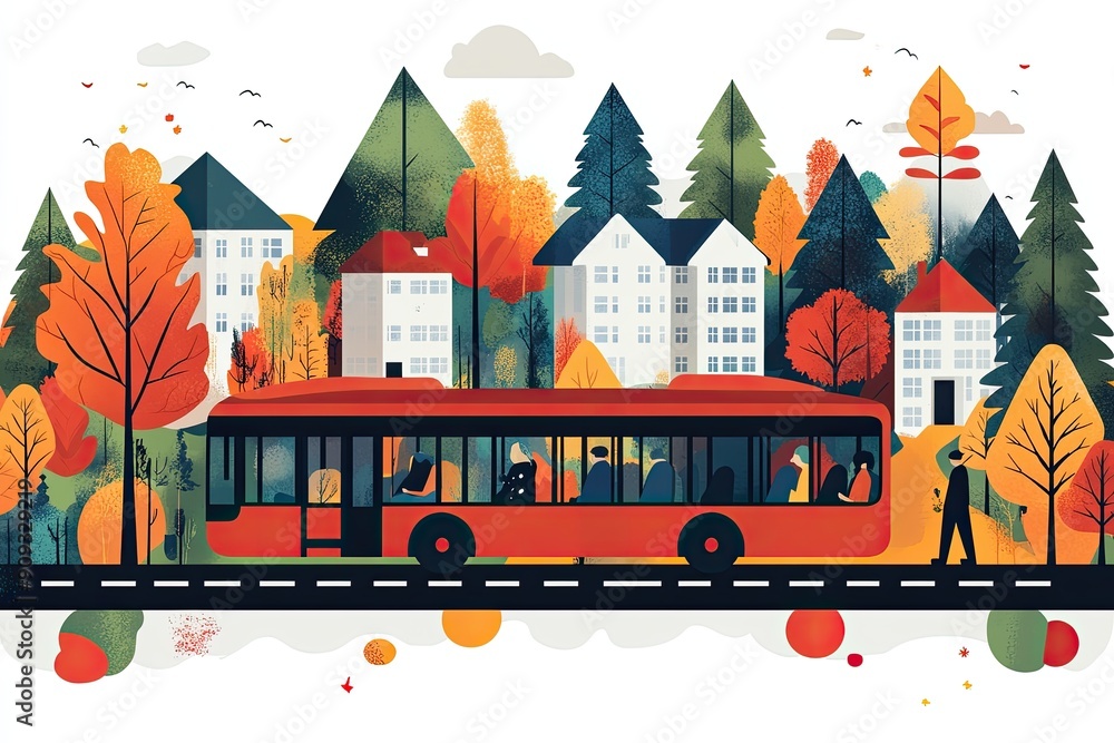 Poster Autumn Cityscape with Bus and Colorful Trees