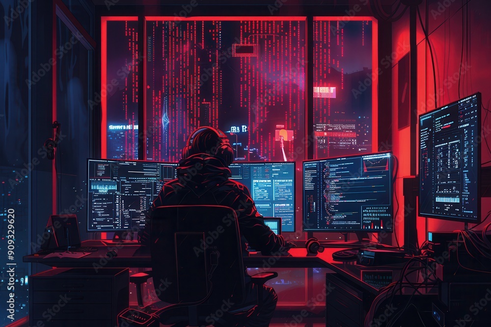 Leinwandbilder a hacker focuses intently at work in a dimly lit room, surrounded by glowing computer screens displa