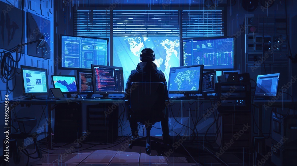 Aufkleber a hacker sits at a cluttered desk, focused on multiple glowing computer screens, immersed in data an