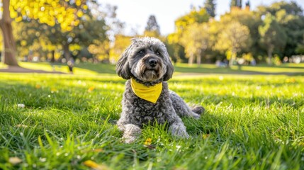Fototapeta premium a gray dog wearing a yellow bandana, outdoor park, sunny day