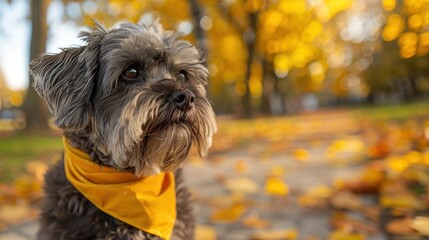 a gray dog wearing a yellow bandana, outdoor park, sunny day - Powered by Adobe