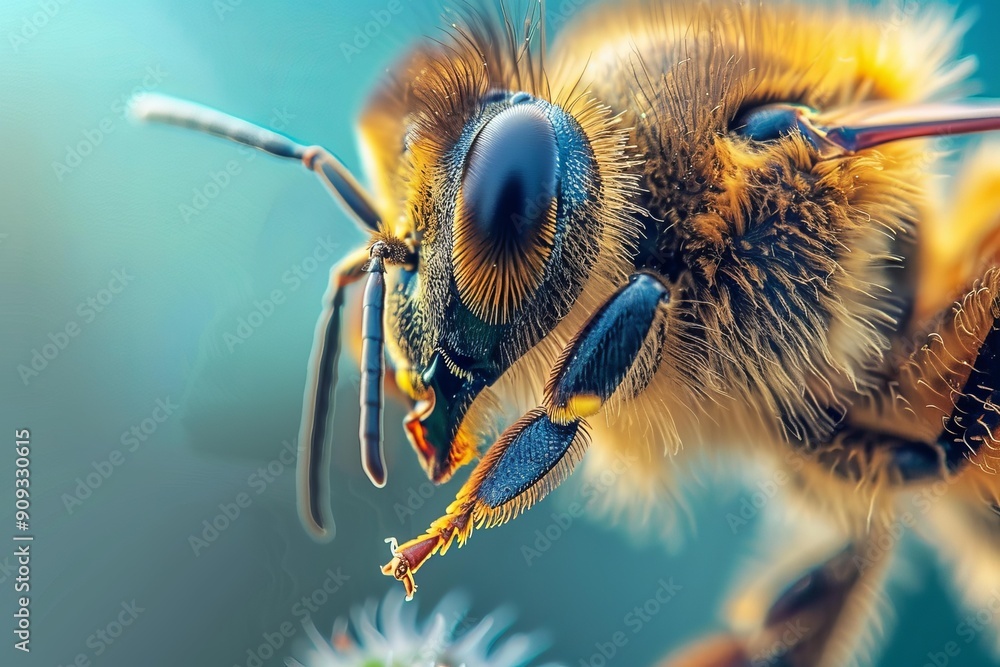 Poster close up macro image of a european honey bee covered in pollen searching for nectar on a flower