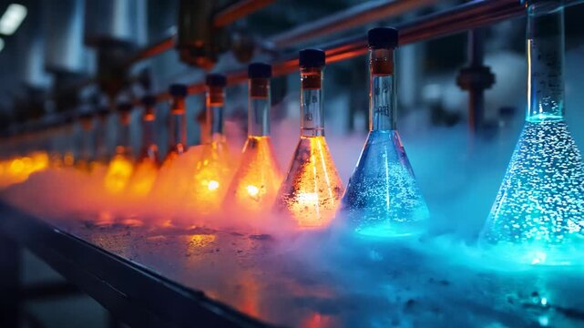 experimental flask with mysterious elixir in laboratory with cloud drifting around