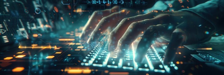 A hacker's hands rapidly type on a keyboard while digital symbols and codes overlay the surroundings, creating a high-tech atmosphere. Generative AI