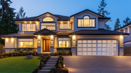 Modern Two-Story Home With Elegant Design and Welcoming Front Yard at Dusk