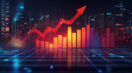 A futuristic depiction of a rising bar graph with an upward arrow in a digital cityscape background.

