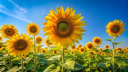 Fototapeta premium Sunflower field against blue sky background wallpaper