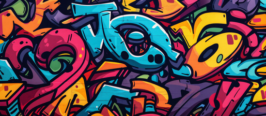 Obraz premium Colorful urban wall graffiti banner background. Creative city street art background. Abstract geometric graffiti composition in bold solid colors